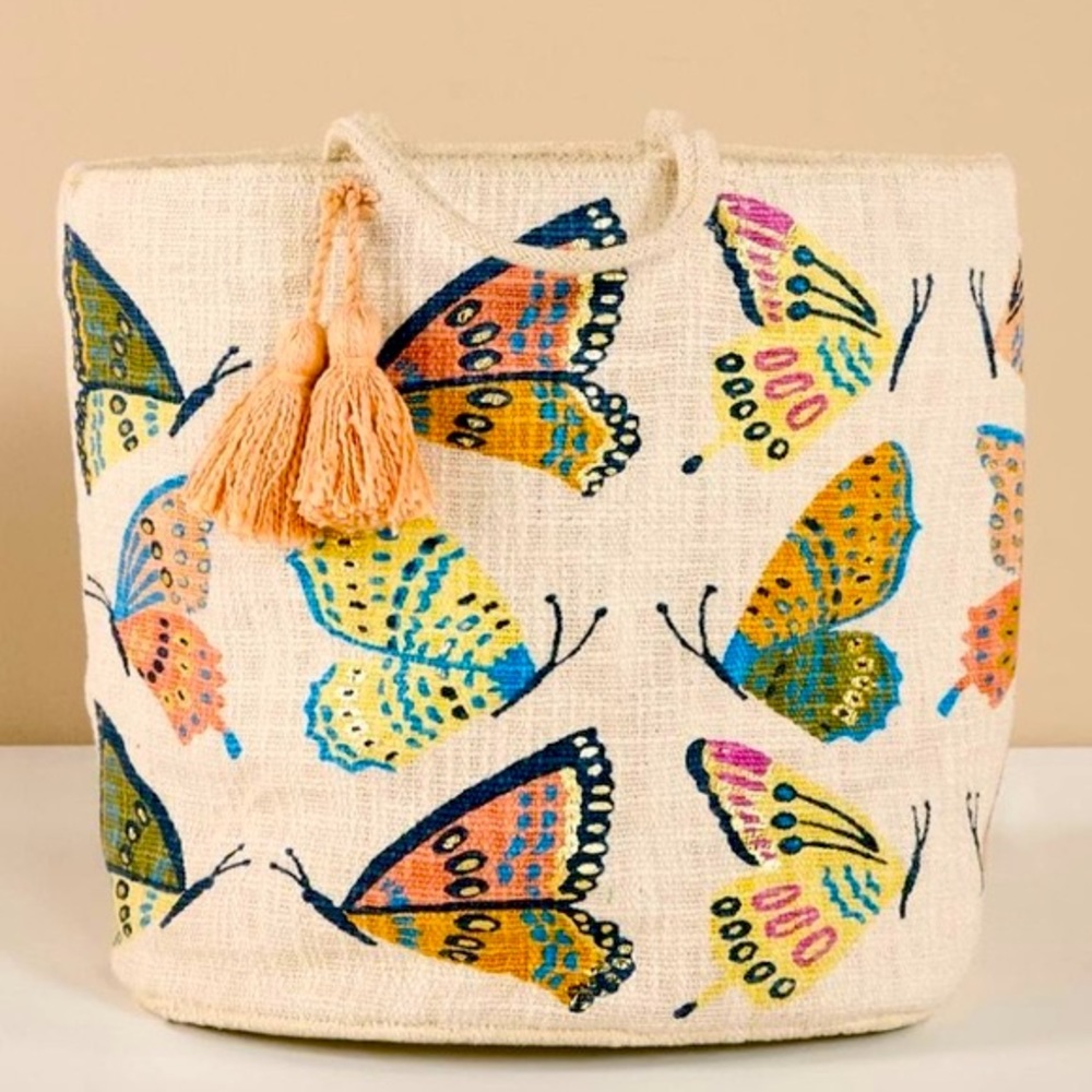 Anthropologie Open Utility Woven Butterfly Handled Basket Tote Ivory Blue New